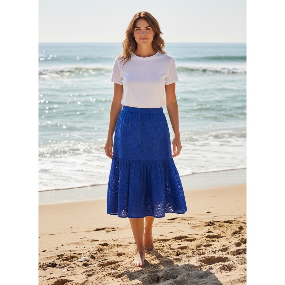 Ann Taylor Blue Eyelet Tiered Midi Skirt Royal Blue Cotton Summer Boho Small